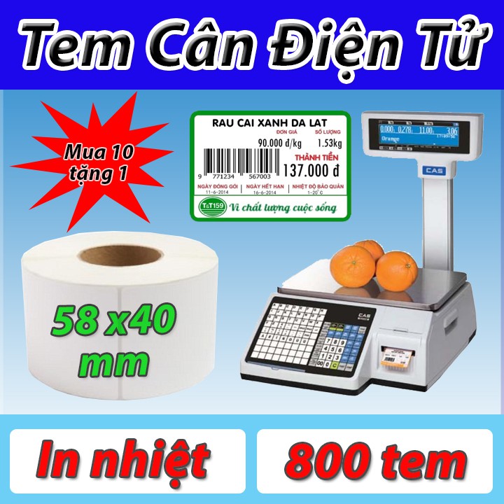 Giấy in tem nhiệt 58x40, Tem cân siêu thị, tem nhãn phụ