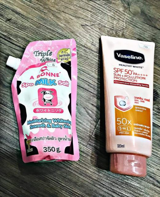 Combo dưỡng trắng da toàn thân - Vaseline 50x và muối tắm bò Spa Milk Salt