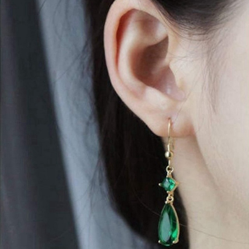 Khuyên tai dáng dài đính đá zircon hình giọt nước màu tím xanh lá sang trọng thời trang cho nữ