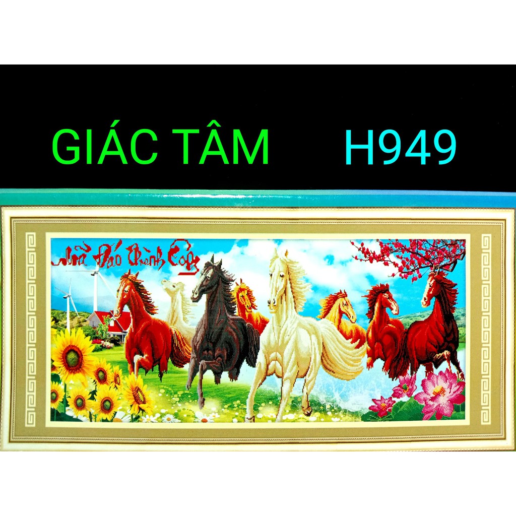 Tranh MÃ ĐÁO THÀNH CÔNG - 136x58cm - H949 - BÁT MÃ 8 NGỰA HOA MẪU ĐƠN MAI ĐÀO HƯỚNG DƯƠNG CHỮ - tranh in phủ bóng