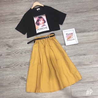 Set Áo croptop mix Chân váy dài (2 màu ảnh thật)