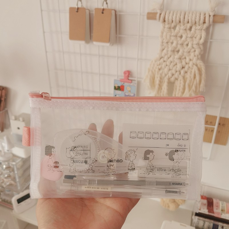 Túi đựng bút chì lưới cho học sinh hình Snoopy trong suốt dễ thương