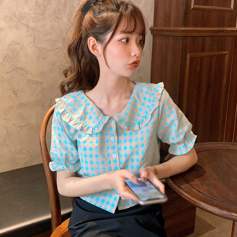 Áo Sơ Mi Ngắn Tay Ca Rô Ca Rô Cổ Búp Bê Đáng Yêu Cho Nữ