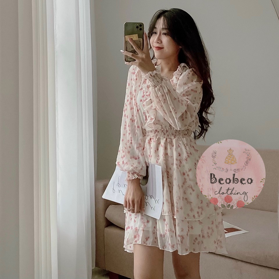 Đầm voan hoa nhí cổ v bèo tay bo xoè tầng vintage