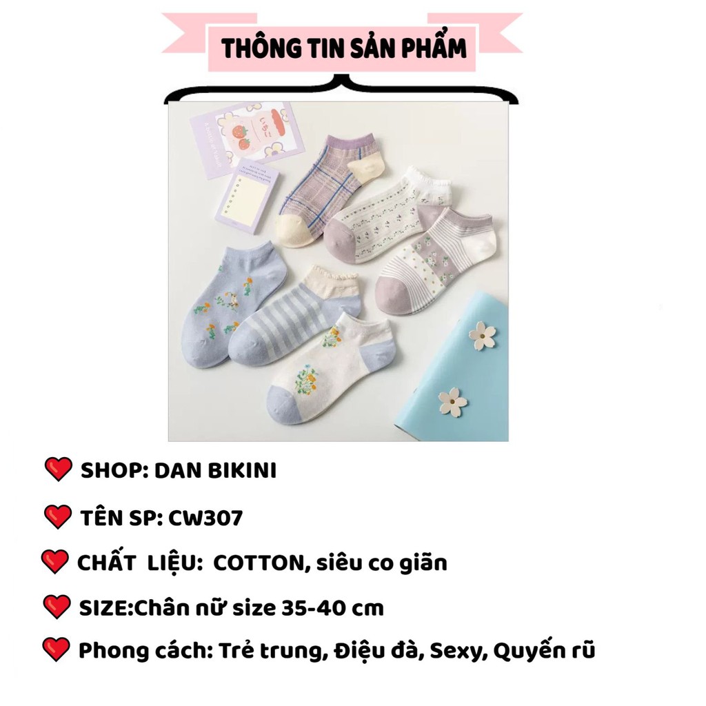 Tất Nữ Cổ Ngắn dệt kim thêu hoạ tiết hoa cotton được chọn màu mẫu CW307