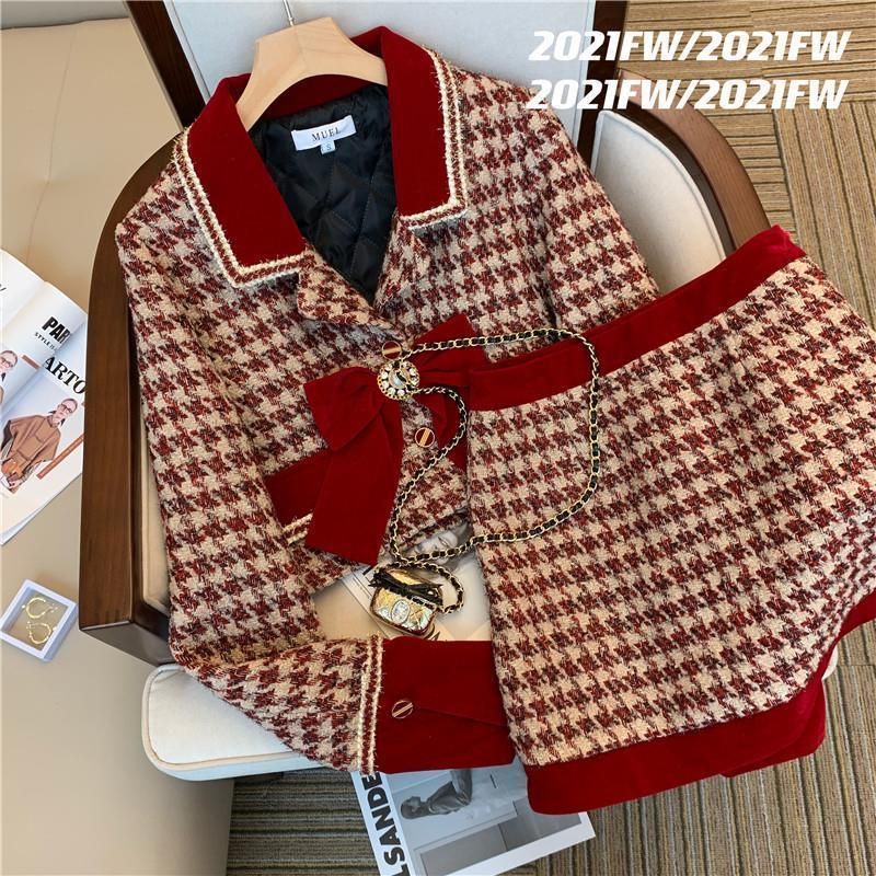 Set Dạ Tweed Kẻ Đỏ Hàng Quảng Châu Cao Cấp Dày Dặn May Sợi Kim Tuyến Lấp Lánh Kèm Nơ