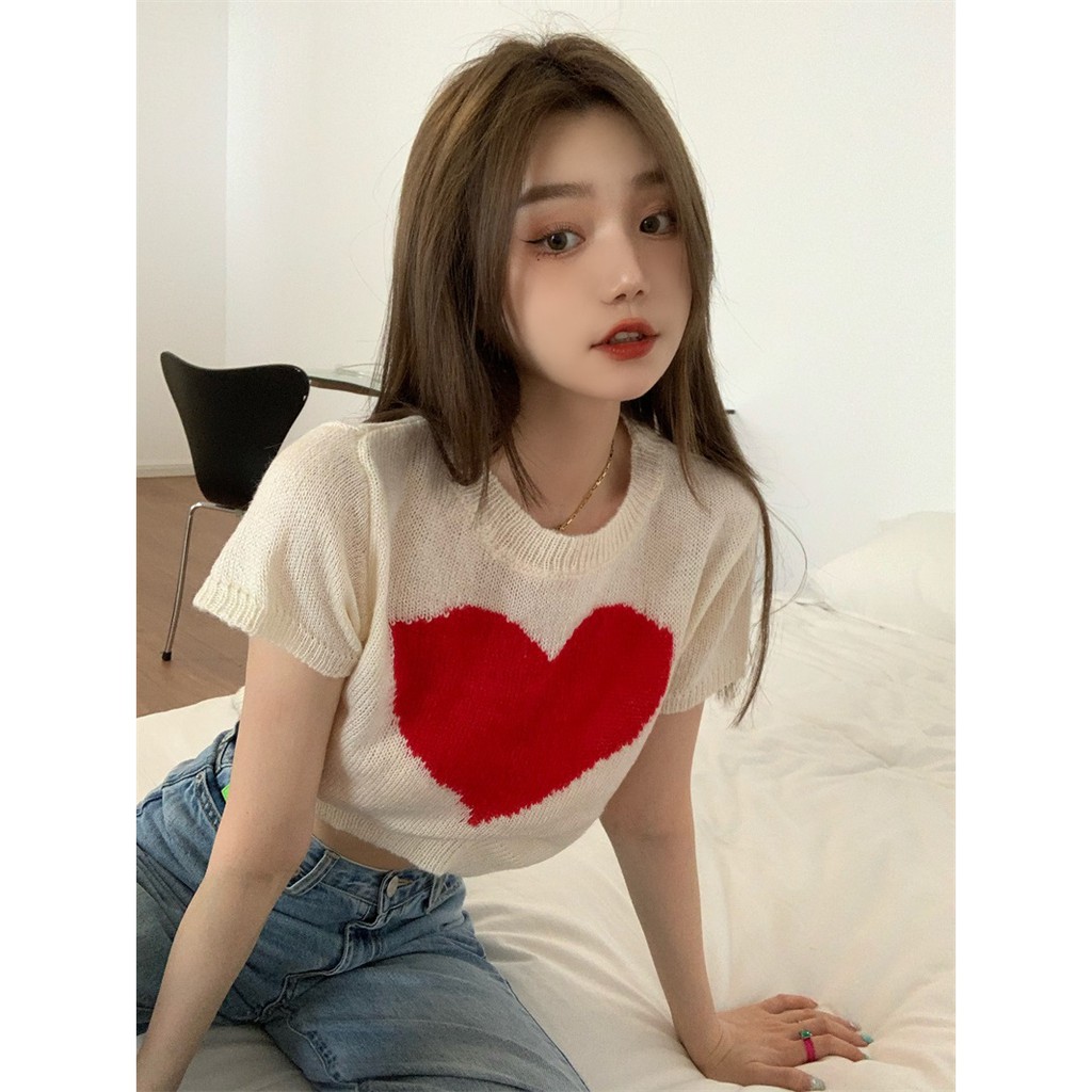 Áo dệt kim ngắn tay họa tiết trái tim đáng yêu dành cho nữ