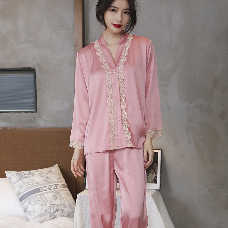 Bộ Đồ Ngủ Tay Dài Vải Lụa Phối Ren Thời Trang Sang Trọng Quyến Rũ Cho Nữ