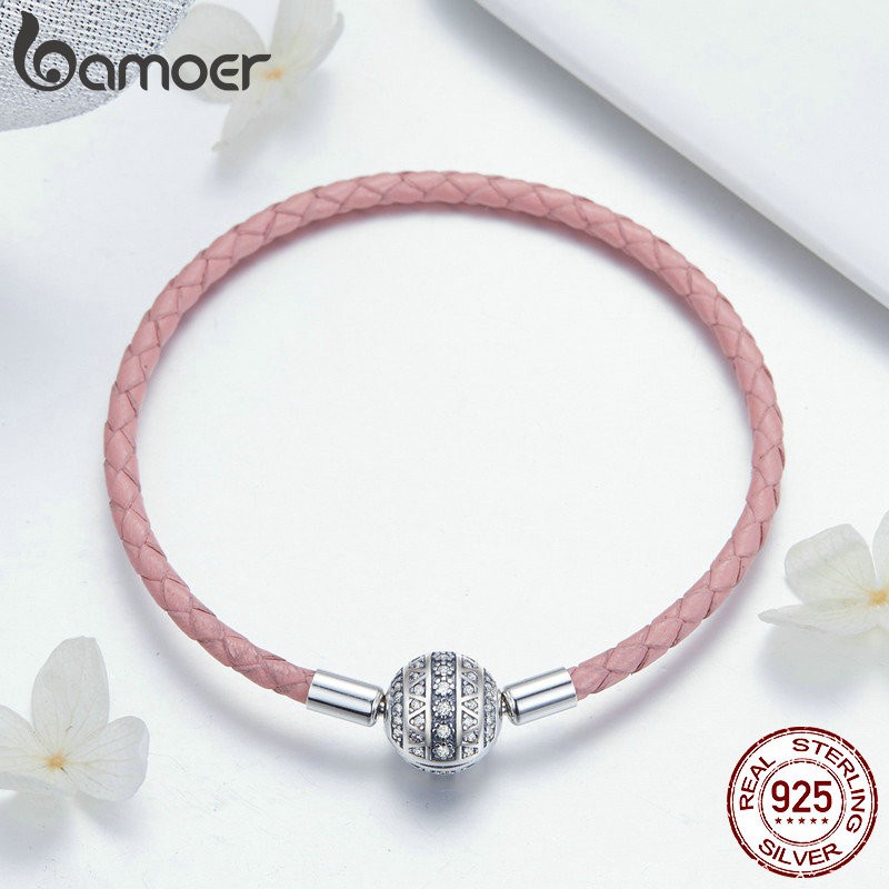 Vòng đeo tay Bamoer thắt dây da phối hạt phụ kiện tròn bằng bạc đính đá zircon dễ thương thời trang dành cho nữ