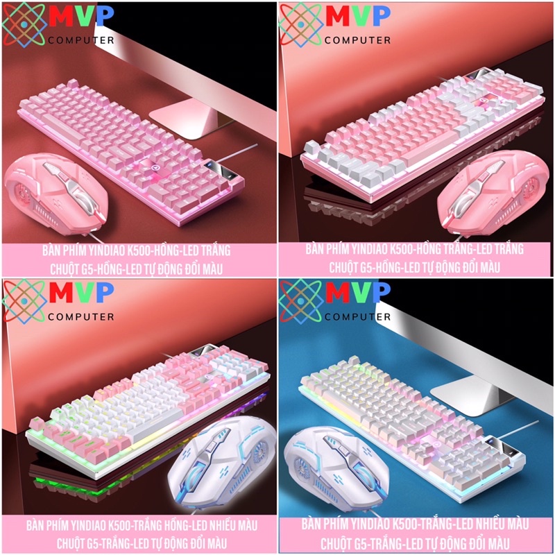 Combo Chuột Bàn Phím Máy Tính Laptop Gaming YINDIAO K500-G5 LED Xuyên Chữ Mix Nhiều Màu Hồng Tím Xanh Trắng Đen Xám
