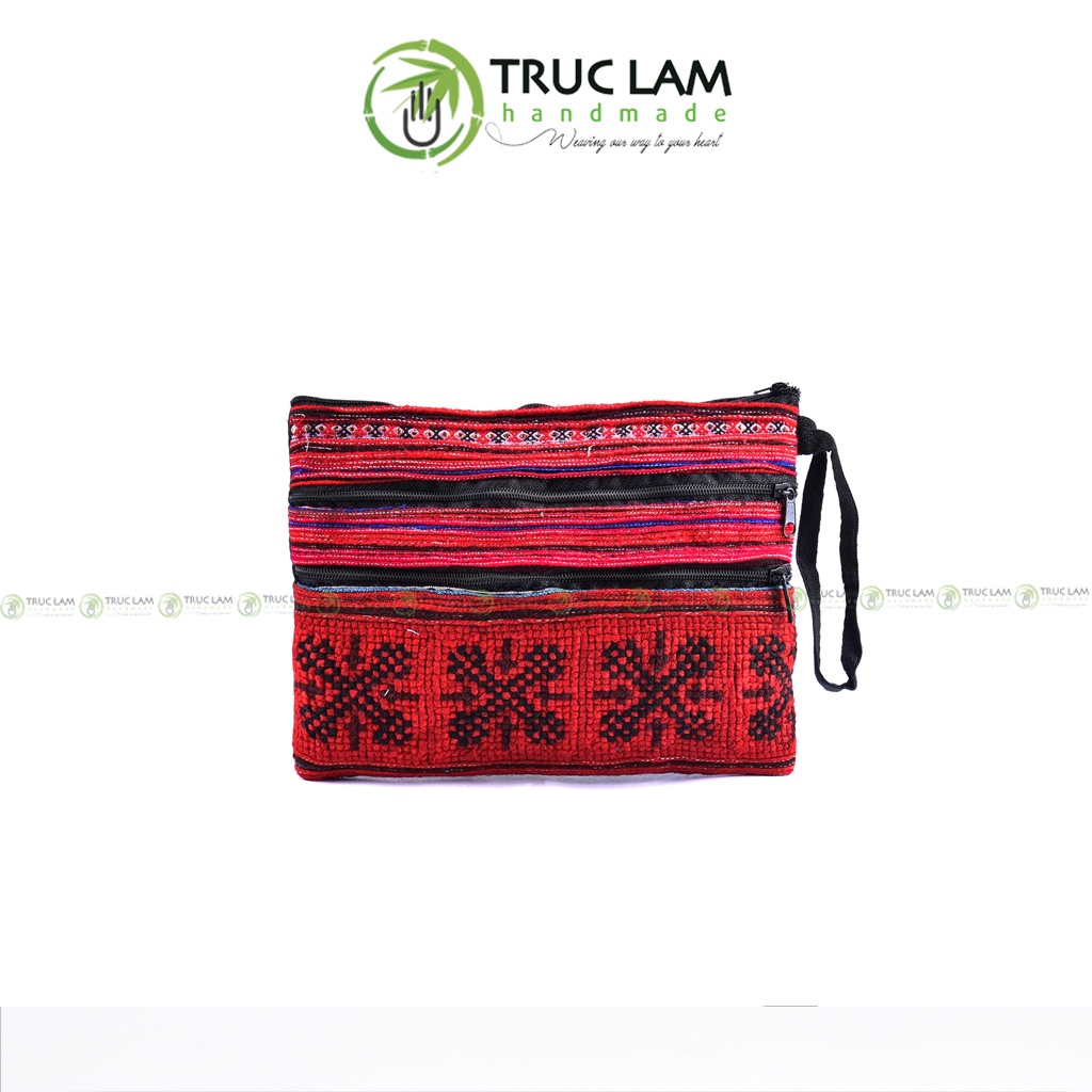 Ví Dài Cầm Tay Nữ Vải Thổ Cẩm Họa Tiết Thêu Tay 2 Khóa Thêu 1 Mặt - Trúc Lâm Handmade