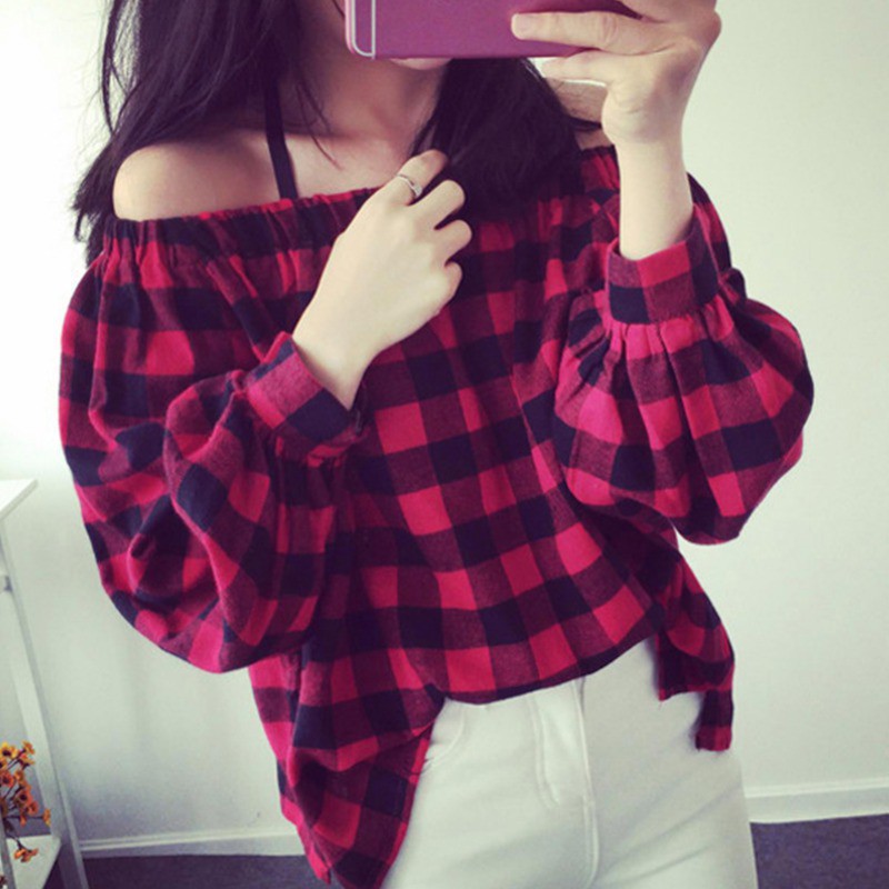 Áo Kiểu Trễ Vai Tay Dài Hoạ Tiết Sọc Ca-Rô Cho Phái Nữ