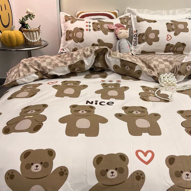 Bộ Chăn Ga Gối Gấu Nâu Nice  Bộ 5 Món Cotton 3D Poly Mềm Mịn Mát Màu Sắc Dễ Thương Tặng Kèm Vỏ Gối Ôm Cùng Bộ