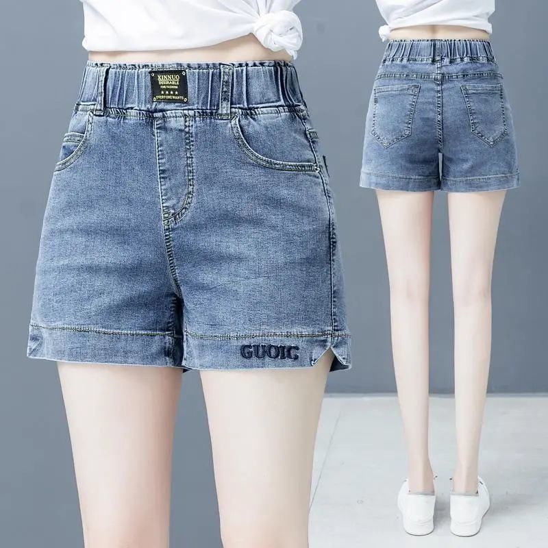 Quần short denim lưng cao ống rộng co giãn thêu họa tiết phong cách Hàn Quốc mẫu mới dành cho nữ 2021