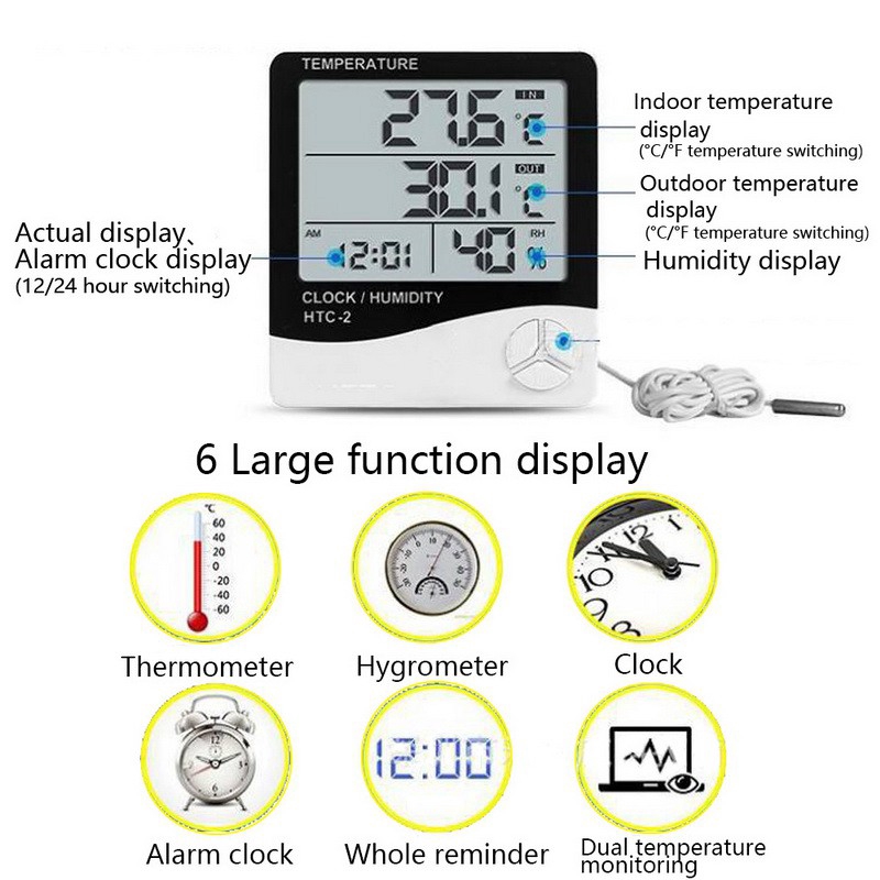 Nhiệt kế đo độ ẩm màn hình LCD kỹ thuật số kèm đồng hồ tiện lợi cho nhà ở HTC-2