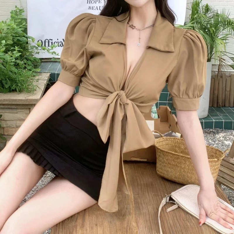 COZOK Áo Kiểu Tay Phồng Cổ Chữ V Vạt Chéo Quyến Rũ Trẻ Trung Cho Nữ