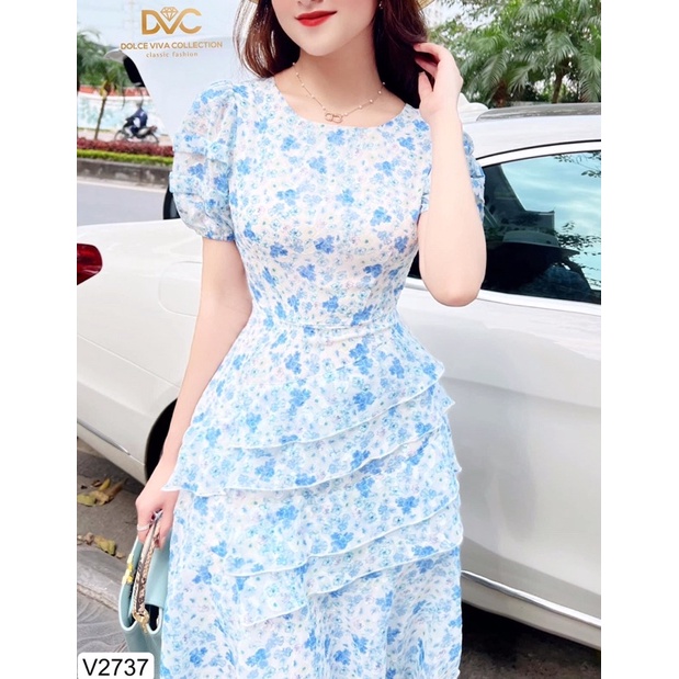 V2737 váy voan hoa xanh