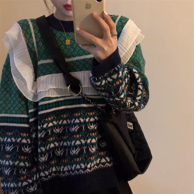 [HÀNG ORDER] Áo len bánh bèo tiểu thư thổ cẩm màu xanh hot trend mùa đông -jhu | BigBuy360 - bigbuy360.vn