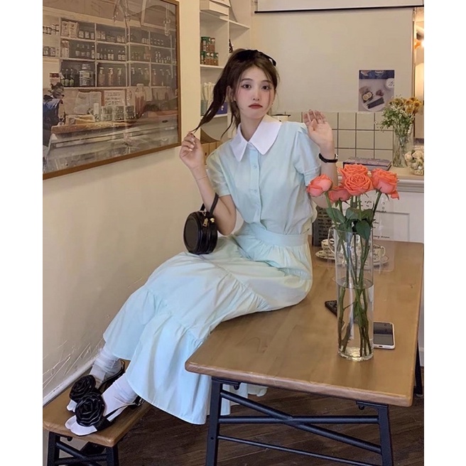 Set áo sơ mi + chân váy midi màu xanh mint