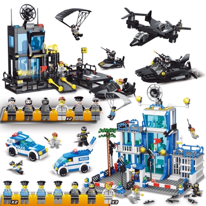 Bộ xếp hình Lego trụ sở biệt đội Swat xanh , Lego cảnh sát , Lego xe cảnh sát xanh , Lego nhà