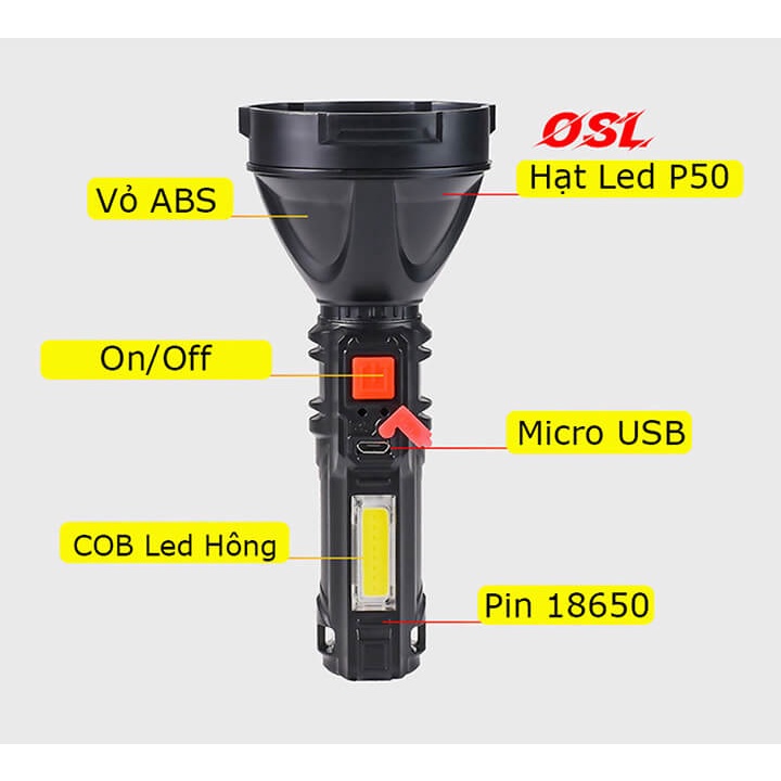Đèn pin cầm tay mini siêu sáng chiếu xa 300m, chống nước IP65, pin trâu kèm cap sạc Micro USB