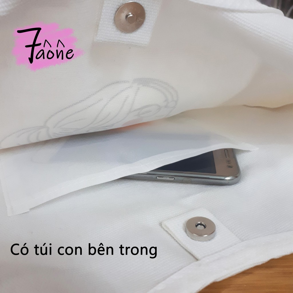 TÚI VẢI QUAI TRÒN CÔ GÁI VÀ HOA TOTE ĐEO VAI CÓ TÚI CON VẢI CANVAS