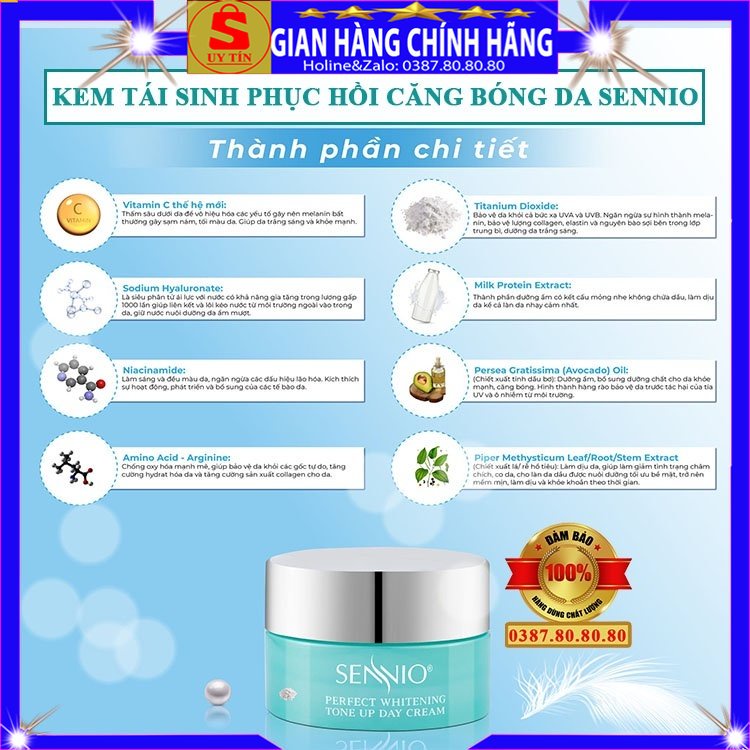 Kem tái sinh phục hồi dưỡng trắng căng bóng da mặt cổ loại tốt chính hãng Sennio hàn quốc ban ngày đêm cho nam nữ bà bầu