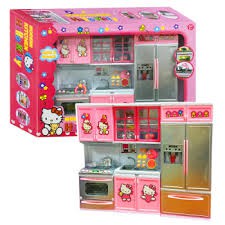 (GIẢM MẠNH) Trò chơi nấu ăn tủ bếp 3 ngăn mèo hellokitty màu hồng, sáng đẹp, dùng pin phát nhạc có đèn, cánh tủ mở được