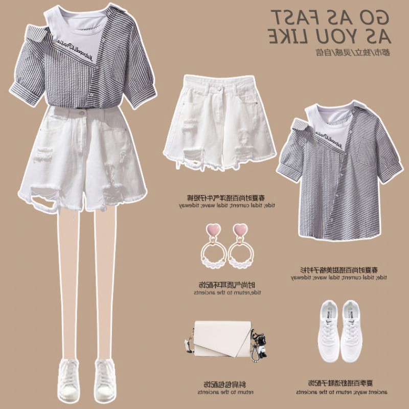 SET Áo Sơ Mi Lệch Vai + Quần Short Denim Rách Lưới