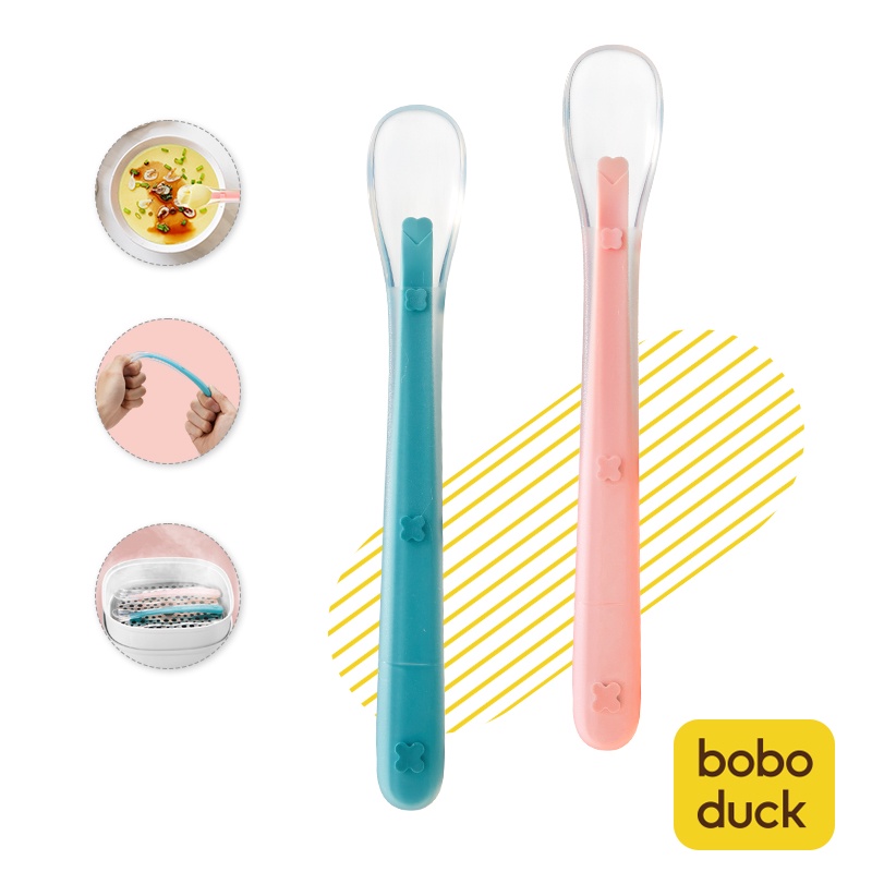 Set 2 muỗng tập ăn Boboduck bằng silicon mềm an toàn tiện dụng cho bé