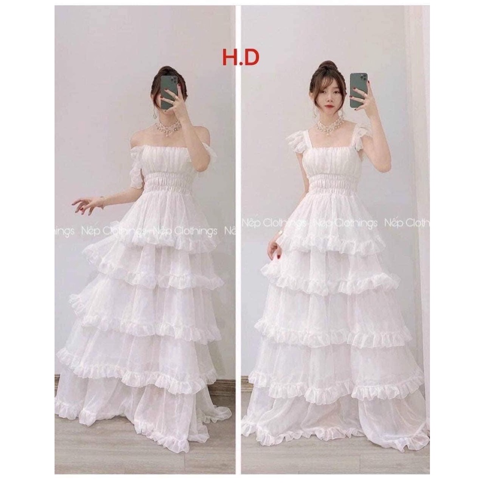 Váy đầm trắng maxi dự tiệc sang trọng xòe công chúa xếp tầng vai bèo cánh tiên- CARINA