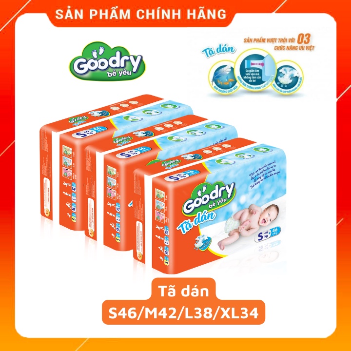 Combo 3 baoTã dán Goodry đủ size S46/M42/L38/XL34 - Thun chân co giãn giúp bé thoải mái vận động