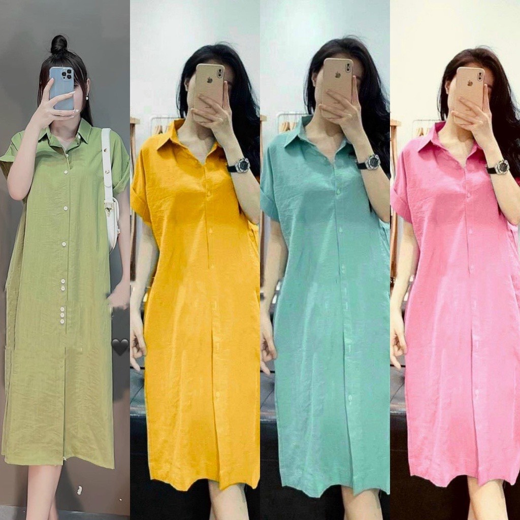 Váy sơ mi đũi suông dáng dài, đầm bầu công sở suông nữ form rộng tay hến gập nhiều màu - Tirahouse