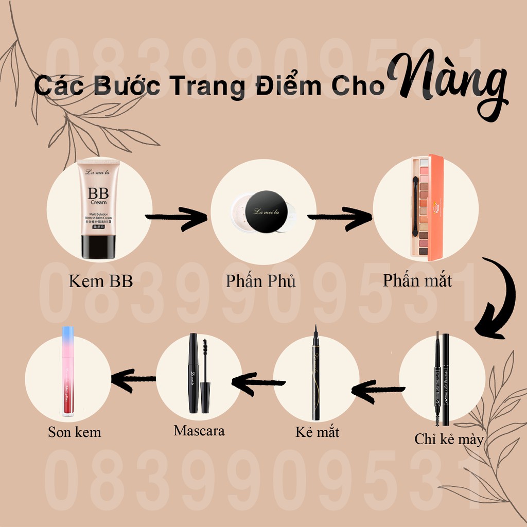 Bộ trang điểm đầy đủ Lameila 7 món kem BB phấn phủ phấn mắt mascara chì kẻ mày kẻ mắt son kem Hatola