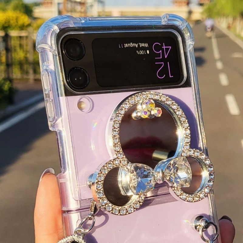 Ốp Samsung Z Flip 3 - Z Flip 4 - ZFlip3 - Flip3 5G mickey đính đá kèm dây đeo dài lấp lánh chống sốc