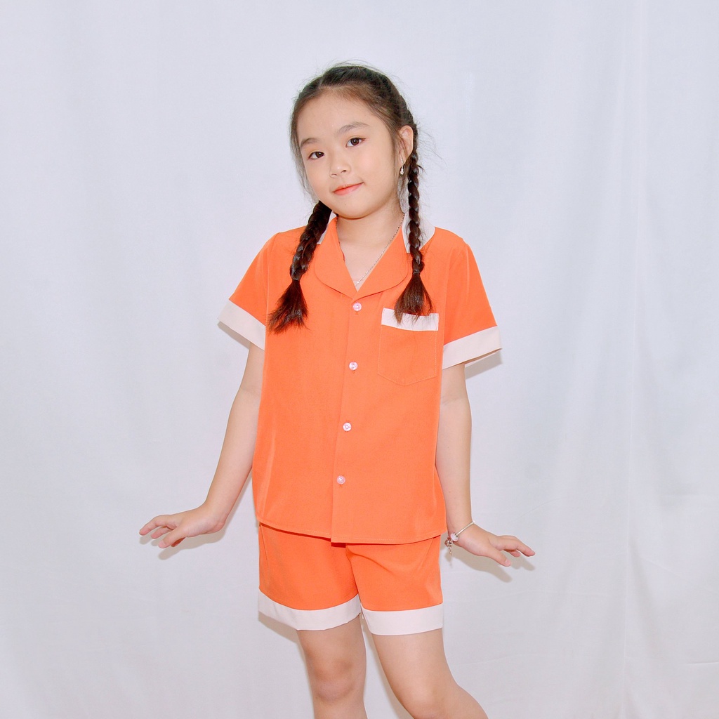 Bộ đồ ngủ pijama bé gáÍ MÀU CAM PHA CỔ - Vải lụa mềm mại, màu sắc tươi mới, mang lại cho bé cảm giác cực kỳ dễ chịu