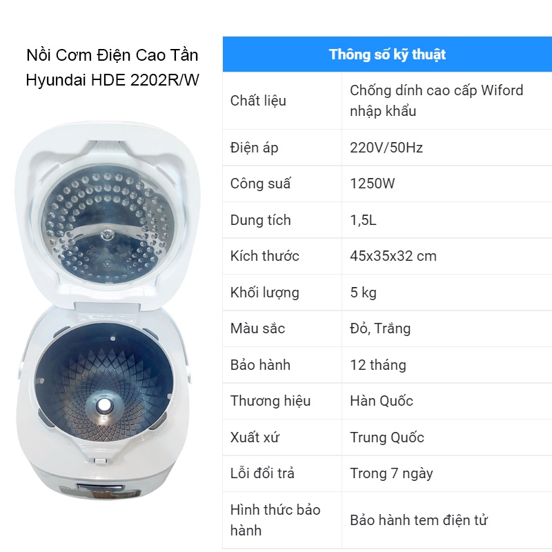 Nồi cơm điện cao tần HYUNDAI HDE 2202W- Công nghệ IH- Cảm ứng điện từ. Chính hãng Bảo hành 12 tháng.