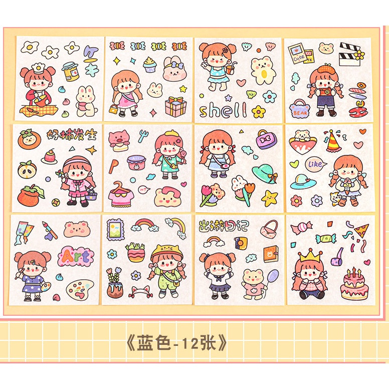 Set 12 miếng dán sticker trang trí đồ dùng hình cô gái siêu cute BAG U SCOBE12