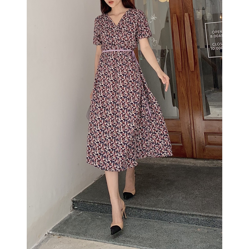 Đầm Wrap Dress Hoa Nhí Màu Tím E.studio Vải Lụa Lạnh