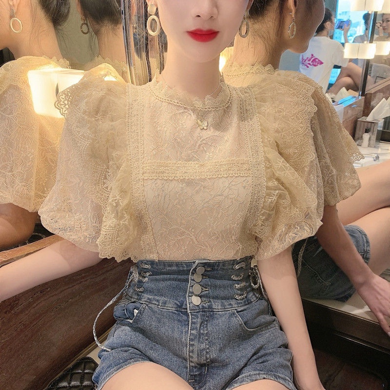 Áo Sơ Mi Ren Thiết Kế Viền Lá Sen Tay Phồng Thời Trang Mùa Hè Hàng Mới