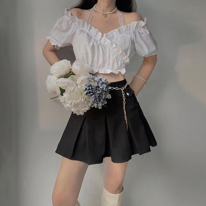 Áo Kiểu Bèo Nhún Phối Ren Ulzzang A34