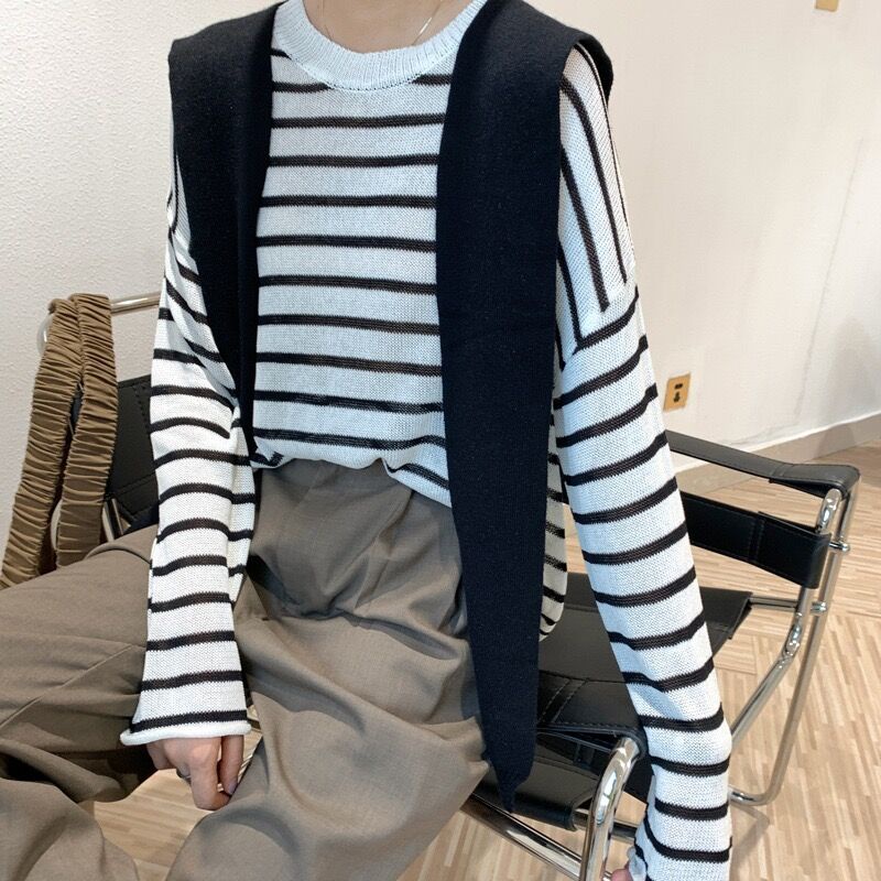 Set áo sweater SUXI dệt kim tay dài dáng rộng họa tiết kẻ sọc có khăn choàng cổ phong cách Hàn Quốc thời trang