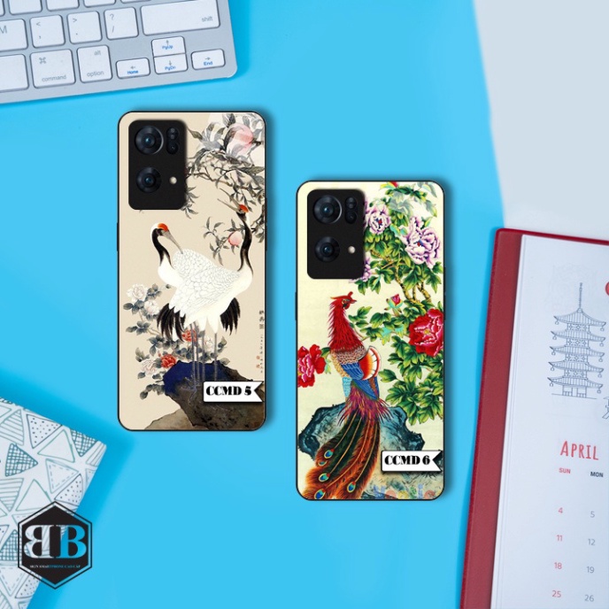 ỐP lưng kính cường lực Oppo Reno 7 Pro 5G chim công mẫu đơn