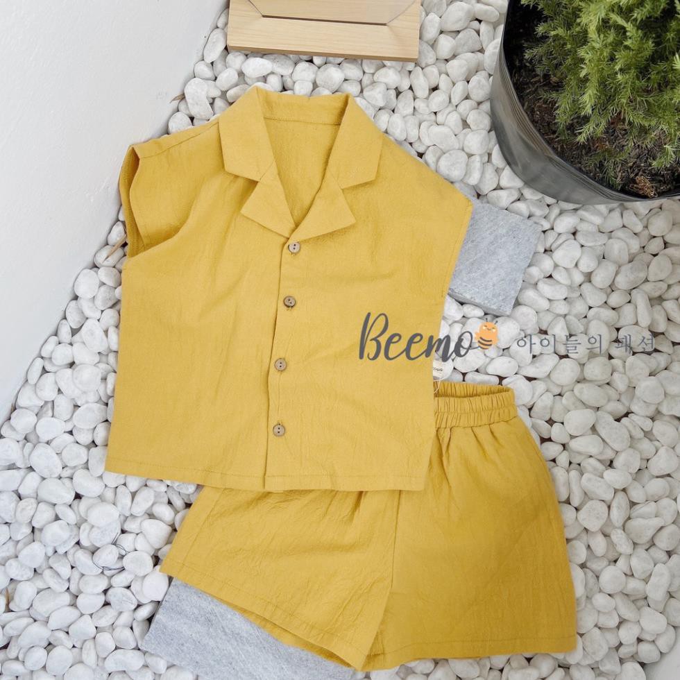 Bộ áo sơ mi kiểu cổ vest mix quần đùi  BEE phong cách Hàn Quốc cho bé trai bé gái chất liệu thô mềm -  SBU001 BEE KIDS