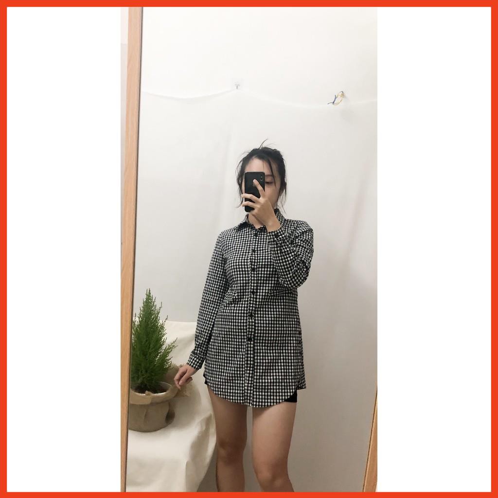Áo sơ mi Caro trắng đen form dài