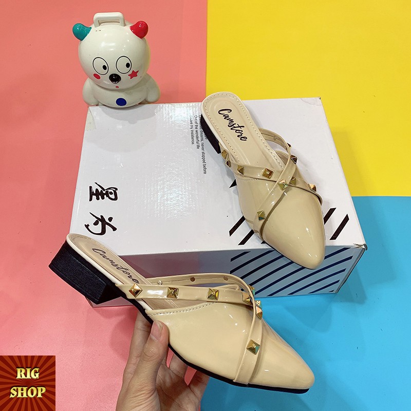 [XẢ KHO] GIÀY SỤC DA TRƠN RIGSHOP MŨI NHỌN 2 QUAI CHÉO GẮN ĐINH - A9
