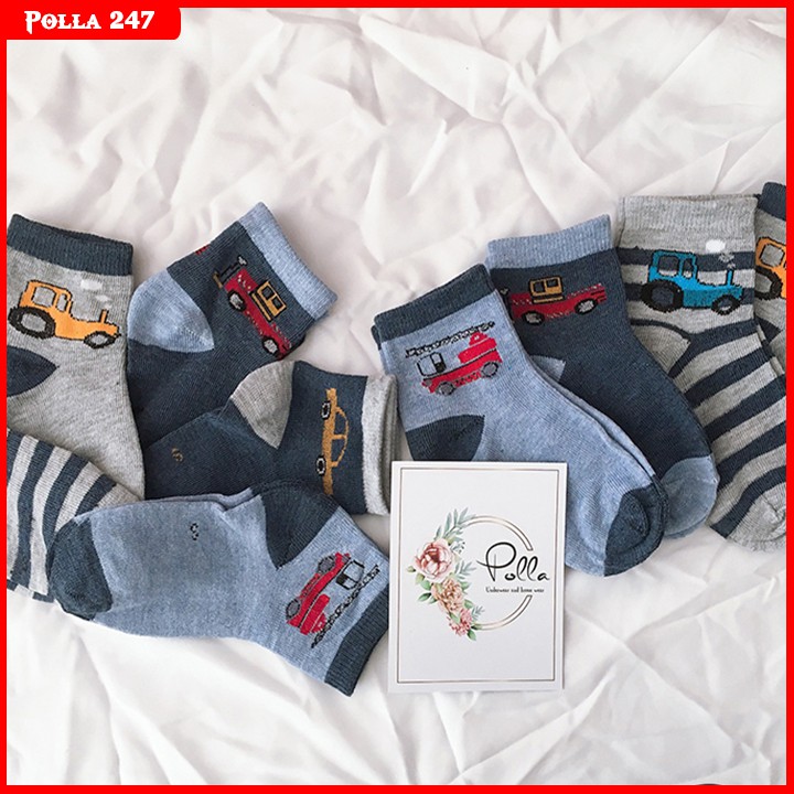 Tất trẻ em Polla P003, Tất họa tiết ô tô cho bé trai, vớ nam họa tiết dễ thương cho bé từ 3, 4, 5, 6, 7, 8 tuổi
