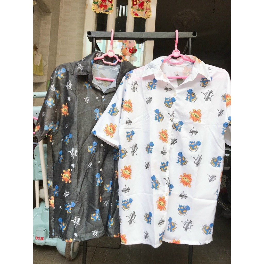 Áo sơ mi nam nữ cặp đôi ngắn tay họa tiết con khủng long cực dễ thương | BigBuy360 - bigbuy360.vn