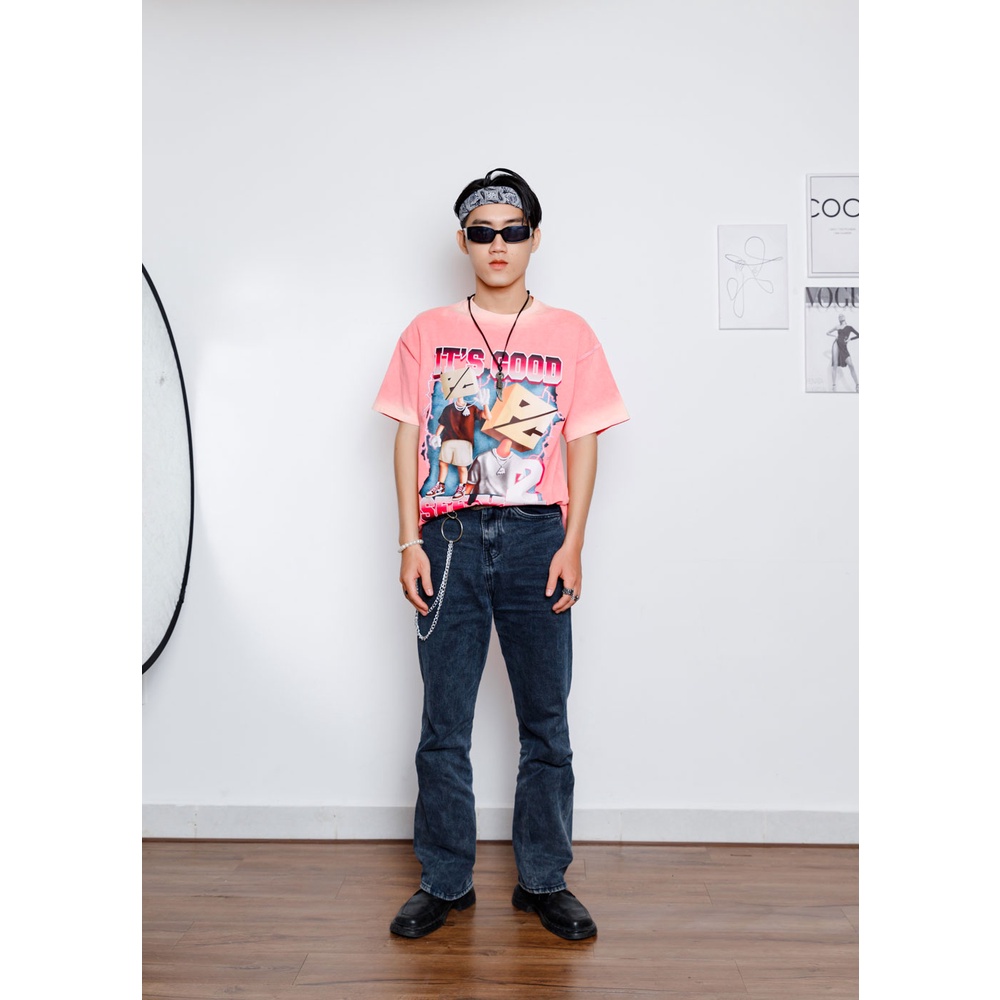 Áo thun wash nam nữ PC Retro - Màu hồng Dáng oversize Hoạ tiết hình in cá tính