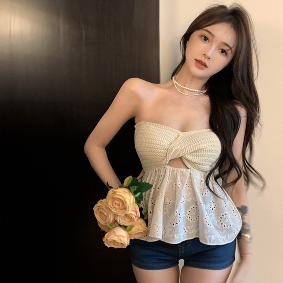 Áo ZHELIHANGFEI dệt kim phối ren hở vai quyến rũ thời trang sành điệu